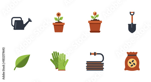 Flat gardening icons set: tools, plants, and accessories for home gardeners