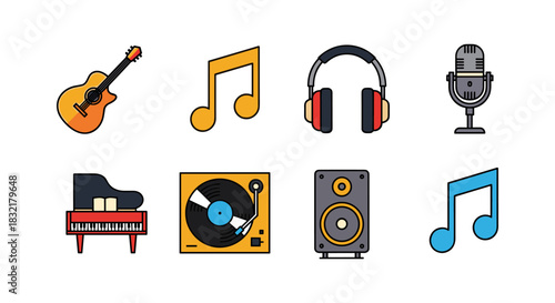 Colorful music icon set with guitar, notes, headphones, microphone, piano, record player, speaker