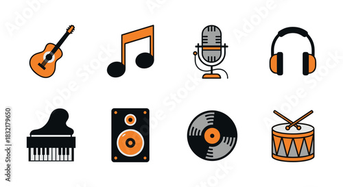 Music icon set: instruments, notes, and equipment in modern flat style