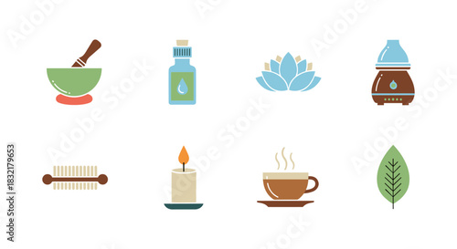 Spa and wellness icons set featuring aromatherapy, tea, and relaxation elements