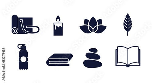 Zen elements: yoga mat, candle, lotus, and more in minimalist design