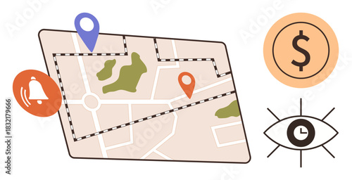 Illustrated map with location pins, notification bell, map routes, money sign, and clock-eye symbol. Ideal for navigation, tracking, planning monitoring finance alerts geolocation. Simple flat