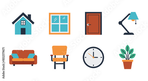 Minimalist home icon set featuring furniture and decor elements