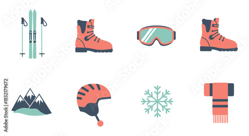 Winter sports equipment and accessories set in modern flat design for skiing enthusiasts