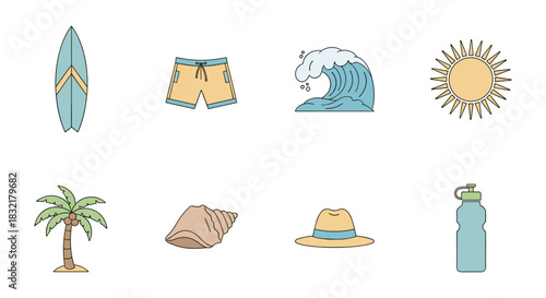 Beach essentials collection: surfboard, swimwear, waves, and sun icons in a simple flat style