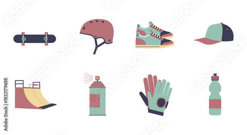 Trendy skateboarding gear icons featuring shoes, helmet, and more in a flat style