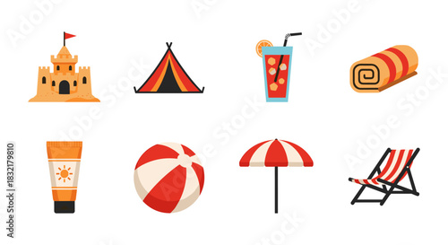 Summer beach essentials: fun icons for a perfect day by the sea