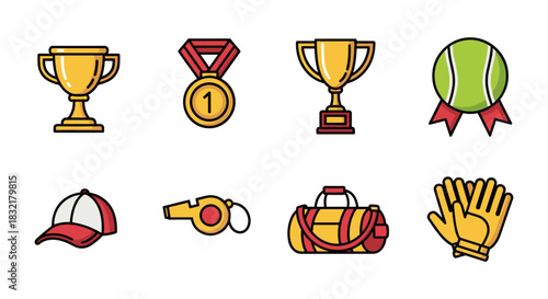 Colorful sports icons set: trophy, medal, tennis ball, whistle, gloves