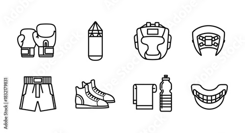 Essential boxing gear in linear style: gloves, shoes, and protective equipment icons