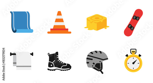 Flat icon collection: sports equipment, safety gear, and everyday essentials