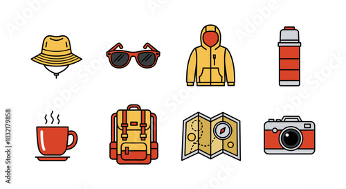 Colorful flat icon set: outdoor adventure gear essentials