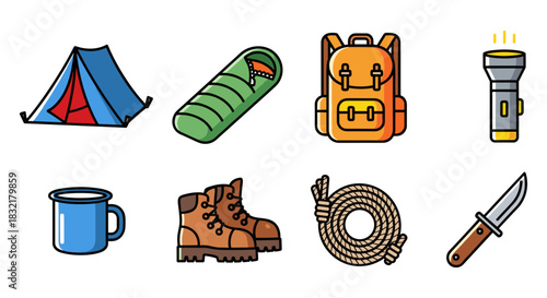 Essential camping gear icons: adventure and outdoor equipment