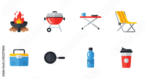Camping essentials: flat design icons of bbq grill, campfire, folding chair, and more