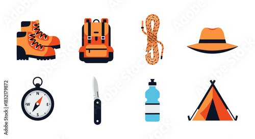 Essential outdoor gear flat icons for hiking and camping adventures