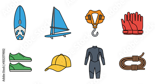 Colorful water sports equipment icons for adventure enthusiasts