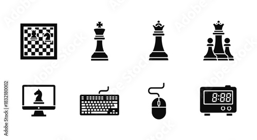 Black chess icons set with digital elements: piece silhouettes and gaming symbols
