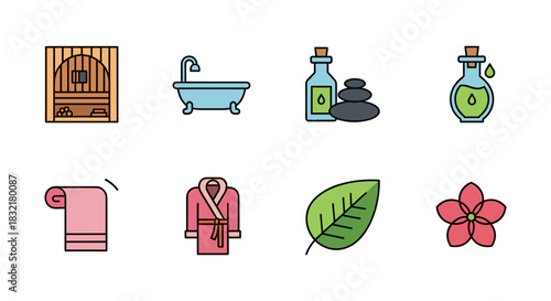 Spa and wellness icons set featuring sauna, bathtub, essential oils, and nature elements