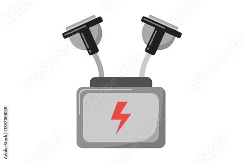 Car battery icon with red lightning bolt and charging clamps on white background