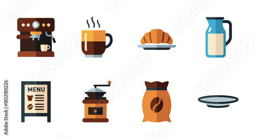 Coffee shop icons set: espresso maker, mug, croissant, milk jug, menu, grinder, beans, plate