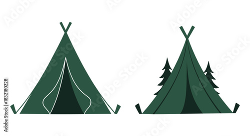 Minimalist camping tent design: dark green aesthetic with forest backdrop