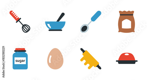 Colorful baking utensils and ingredients icons for culinary design