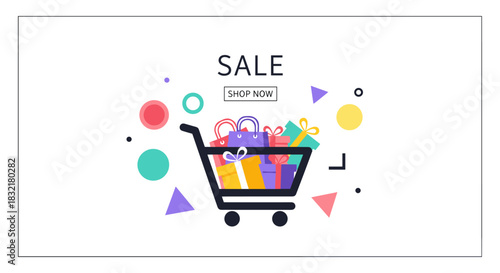 Colorful shopping cart with gifts and geometric shapes for sale promotion
