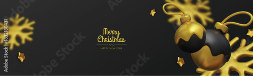 Modern black and gold Christmas design with decorative baubles and snowflakes, great for upscale holiday graphics, social media posts, and advertisements.