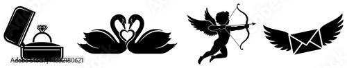 Set of romantic silhouette icons including diamond engagement ring swans forming heart cupid with bow and flying love letter vector illustration