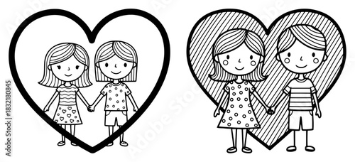Cute boy and girl holding hands inside big heart frame vector illustration of little kids couple or friends standing together for coloring book or valentine design