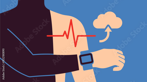 Conceptual illustration depicting a smartwatch actively monitoring a user's heart rate, seamlessly uploading vital health data to the cloud for digital wellness and personal insights