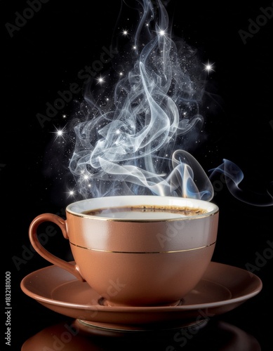 Tasse marron de café chaud avec fumées parsemées de petites étoiles scintillantes, isolée sur fond noir. Generated Image. 