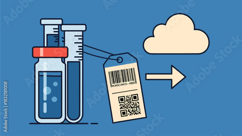 Barcode and QR Code Tag Attached to Test Tubes Leading to a Cloud Icon Representing Data Transfer