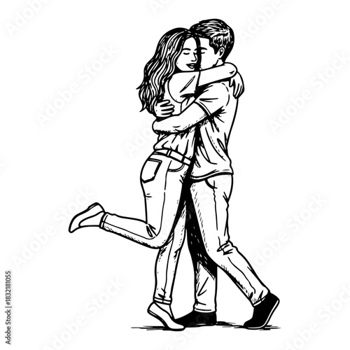 Young romantic couple hugging and embracing each other with affection black and white vector line art illustration