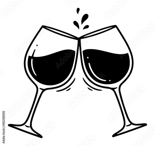 Two wine glasses toasting and clinking together with liquid splash black and white vector line art illustration