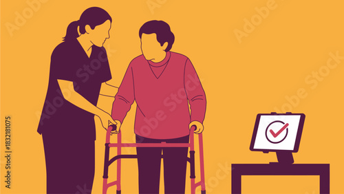 Elderly person receiving assistance with a walker, monitored by caregiver and digital device