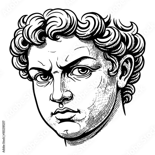 Head of David statue by Michelangelo Vector vintage engraving illustration of famous Renaissance sculpture face isolated on white background