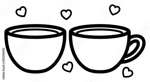 Two coffee cups with floating hearts vector illustration of romantic hot drink date or breakfast for valentines day design in black outline