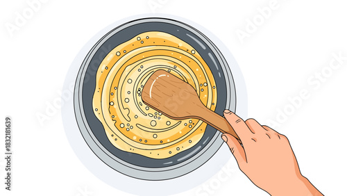 Hand Spreading Batter in Hot Pan for Round Batter Culinary Dish Overhead View leker