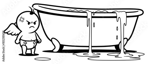 Angry cartoon cupid standing near overflowing bathtub Vector sketch illustration of funny winged baby angel making a mess isolated on white background