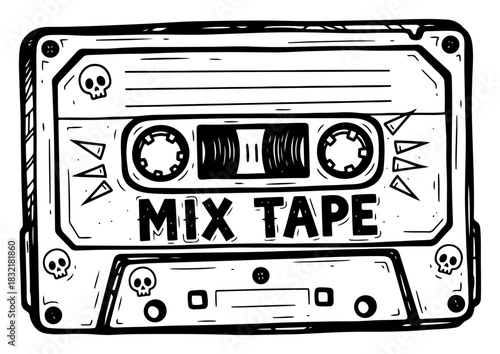 Vintage audio cassette tape with Mix Tape handwritten text and skull icons Vector sketch illustration of retro music media isolated on white background