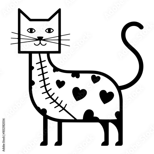 Funny abstract cat character with heart spots and stitched scar vector illustration of quirky pet or plush toy for valentine design