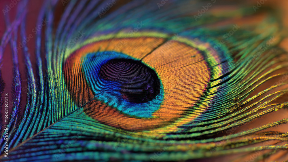 Naklejka premium A mesmerizing close-up of a peacock feather, revealing its vibrant iridescent blues, greens, golds, and purples. The intricate eye-spot pattern and delicate barbs create a stunning natural abstract.