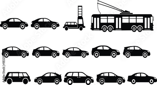 Collection of black car and trolleybus silhouettes on white background automobile