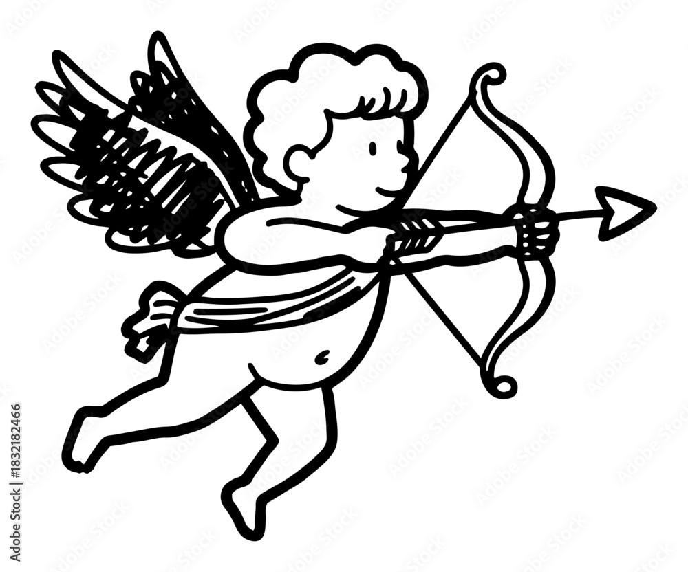 Fototapeta premium Cute cartoon cupid flying and aiming with bow and arrow Vector thick line art illustration of romantic baby angel isolated on white background