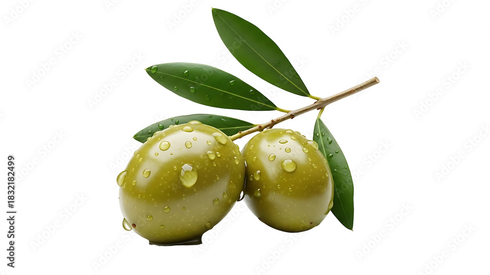 Obraz premium Fresh green olives with water droplets on branch