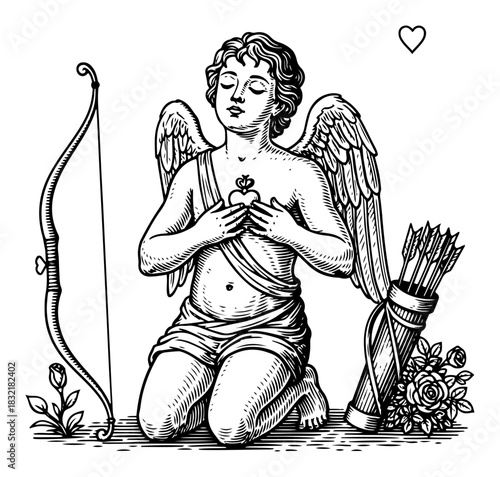 Vintage engraving of kneeling cupid angel holding burning heart next to bow and arrows vector illustration of love symbol