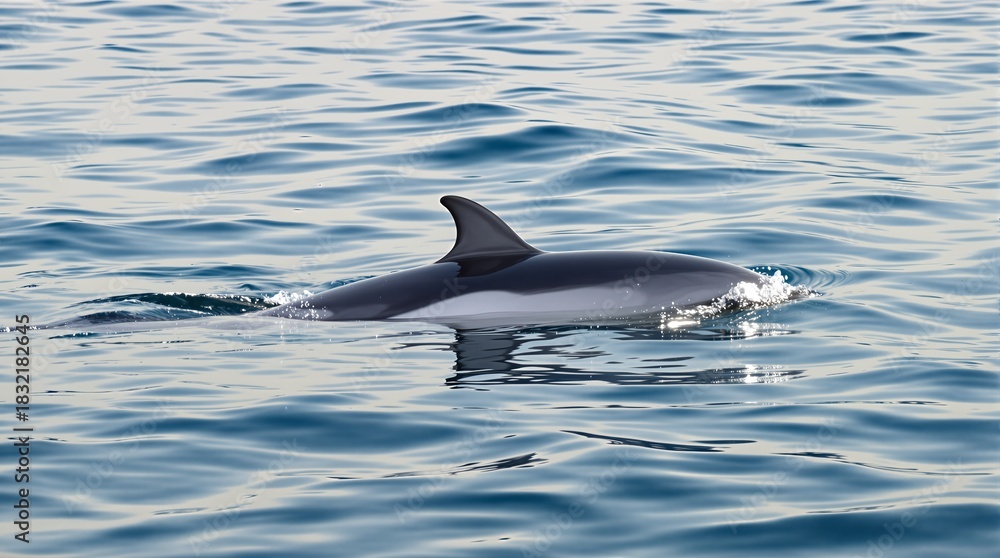 Obraz premium Common dolphin gracefully swimming through the blue ocean waters on a sunny day.