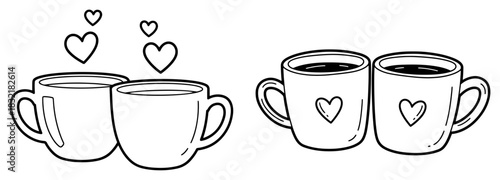 Set of cute coffee mugs with heart shaped steam and decoration black and white vector line art