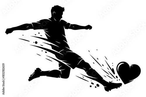 Dynamic silhouette of soccer player kicking heart shaped ball vector illustration of football passion and sports love concept