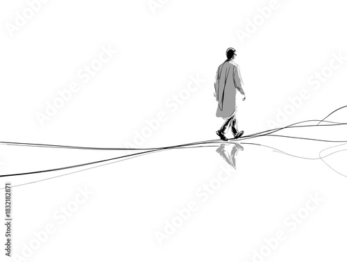 Silhouette of a Man Walking in a Minimalist White Urban Environment with Strong Contrast